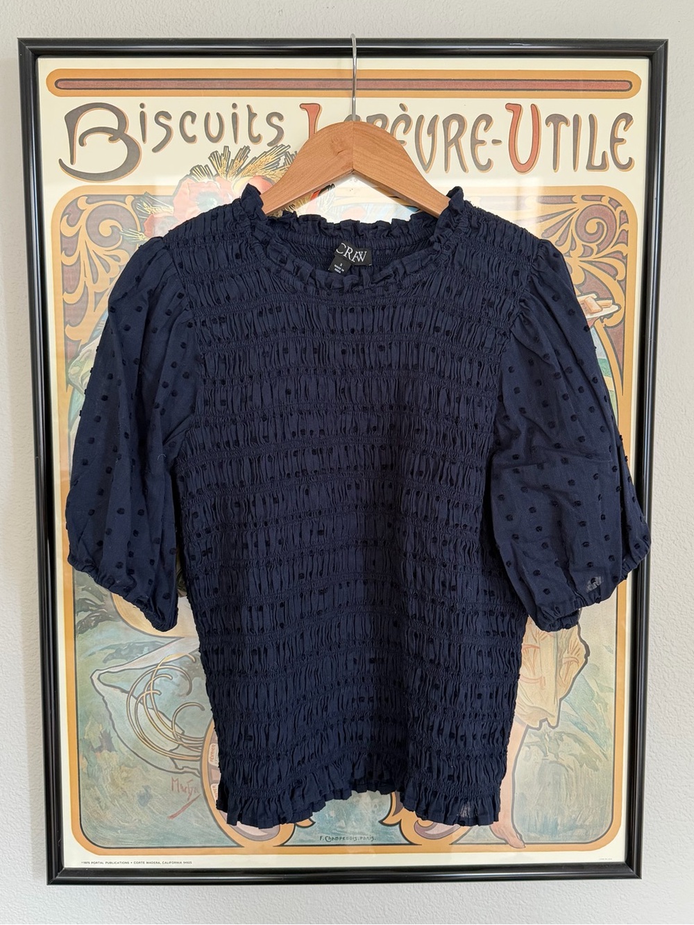 J. Crew Navy Textured Smocked Puff-Sleeve Blouse - S